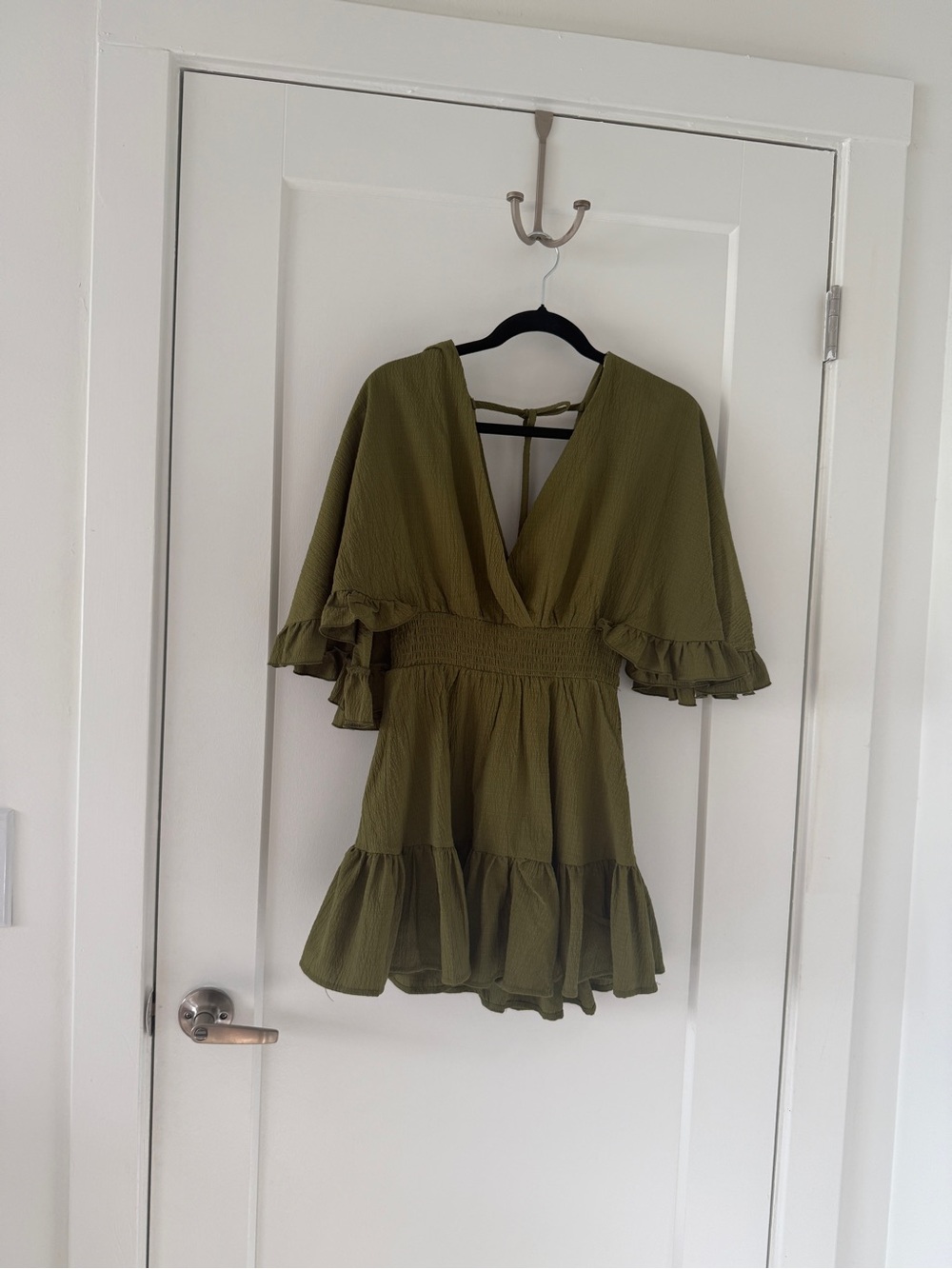 Olive Green V-Neck Ruffle Sleeve Dress